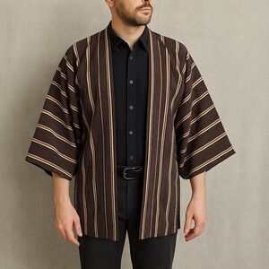 Vintage Japanese Haori Jacket Men's Kimono Coat Brown‎ Striped Lined Mid Century